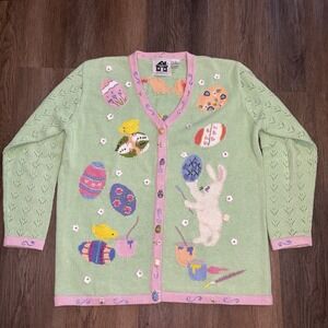 StoryBook Knits Easter Cardigan Sweater Women's Medium Green Teacher Cottagecore
